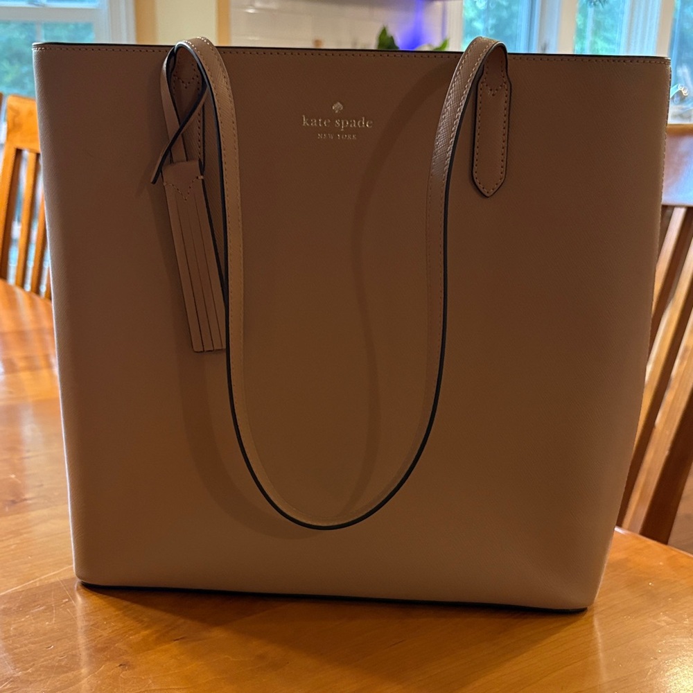 kate spade Taupe Leather Tote with Tassel Charm
